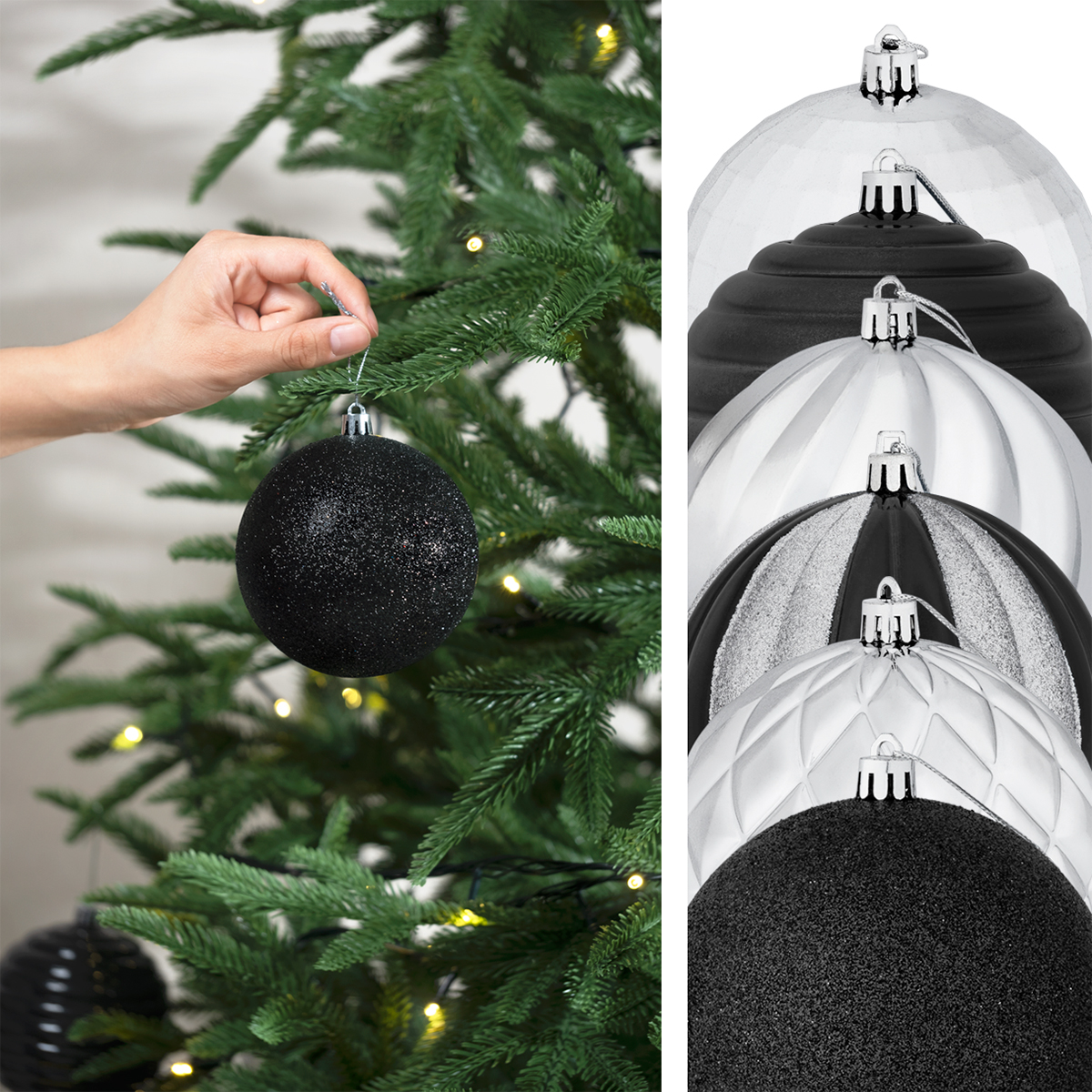 Set con 12 Esferas Decoración Navideña 10cm Adornos para Árbol de Navidad (Negra - Plateado) ESQUIMAL