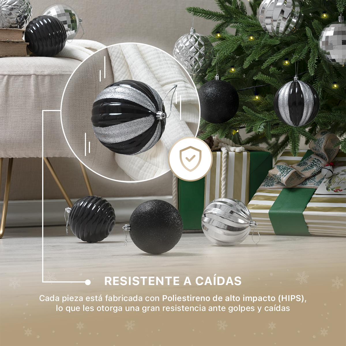 Set con 12 Esferas Decoración Navideña 10cm Adornos para Árbol de Navidad (Negra - Plateado) ESQUIMAL