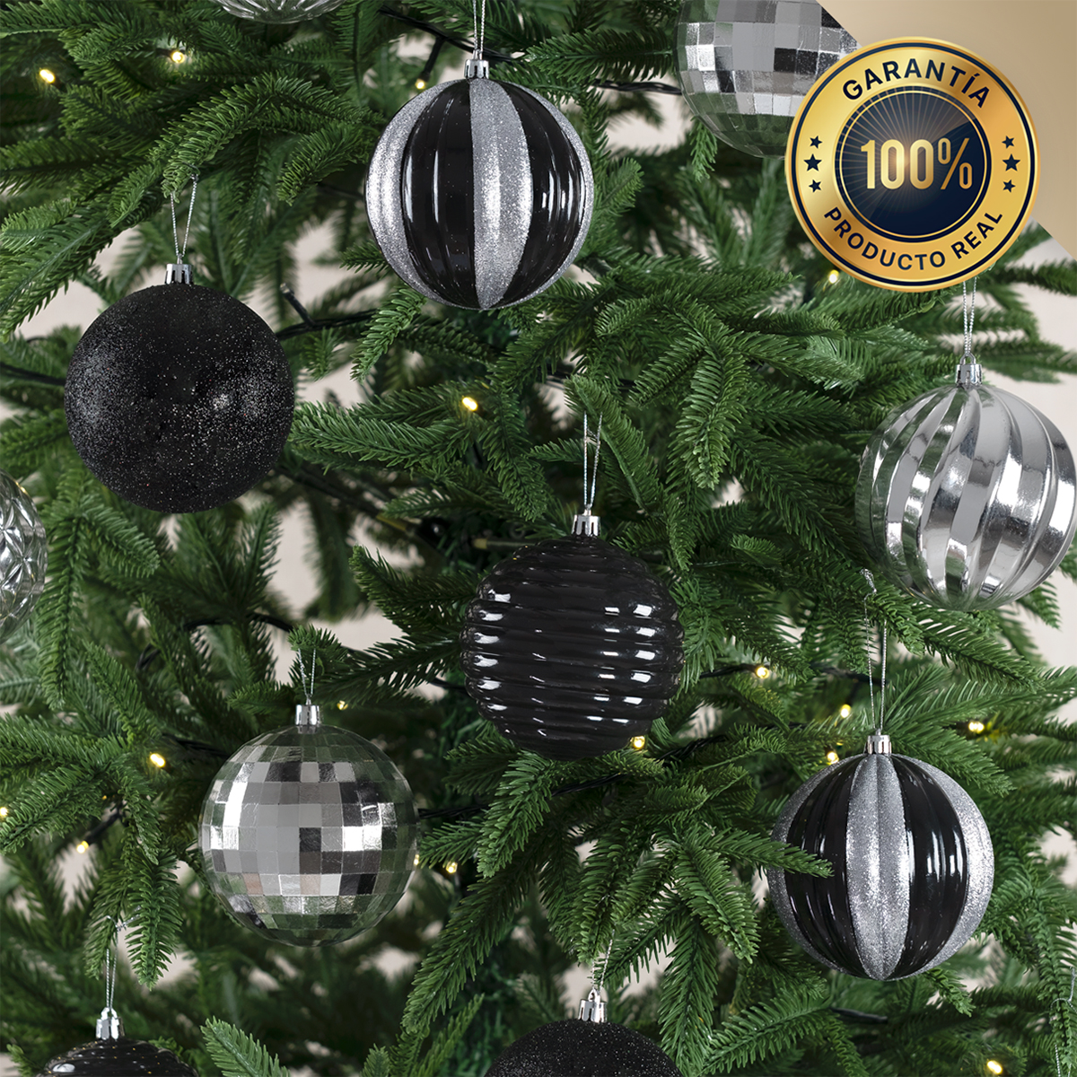 Set con 12 Esferas Decoración Navideña 10cm Adornos para Árbol de Navidad (Negra - Plateado) ESQUIMAL