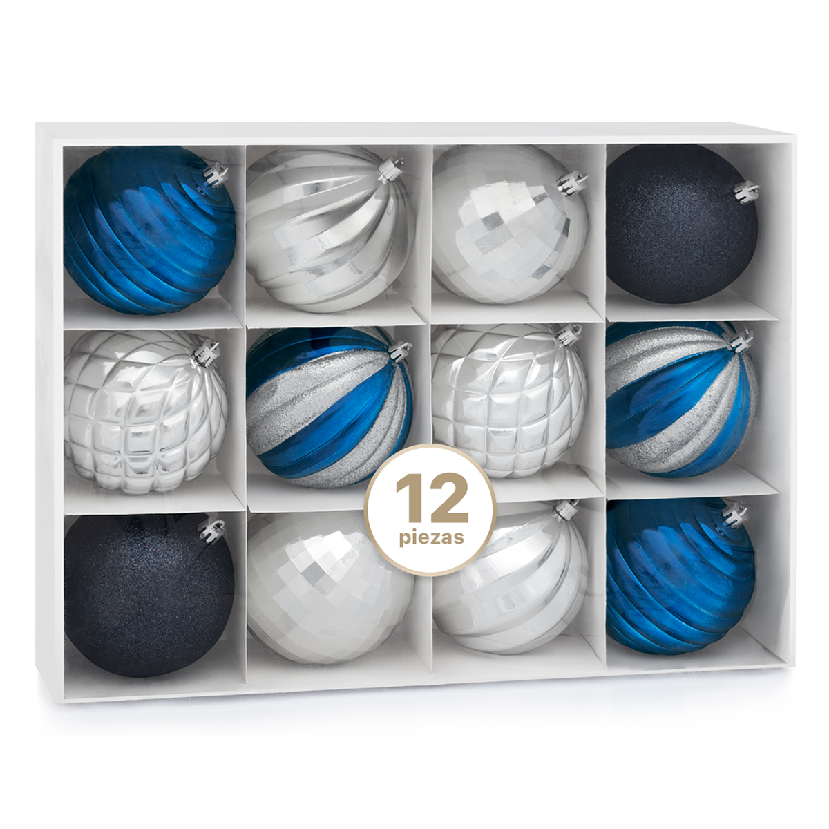 Set con 12 Esferas Decoración Navideña 10cm Adornos para Árbol de Navidad (Azul - Plateado) ESQUIMAL
