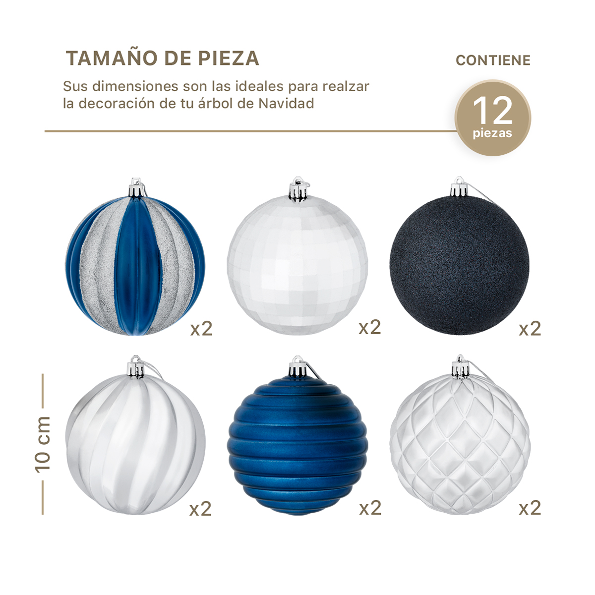 Set con 12 Esferas Decoración Navideña 10cm Adornos para Árbol de Navidad (Azul - Plateado) ESQUIMAL