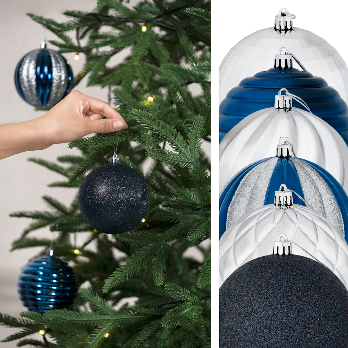 Set con 12 Esferas Decoración Navideña 10cm Adornos para Árbol de Navidad (Azul - Plateado) ESQUIMAL