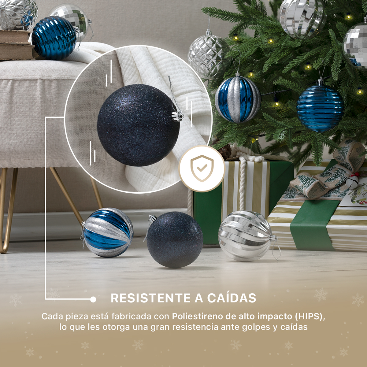 Set con 12 Esferas Decoración Navideña 10cm Adornos para Árbol de Navidad (Azul - Plateado) ESQUIMAL