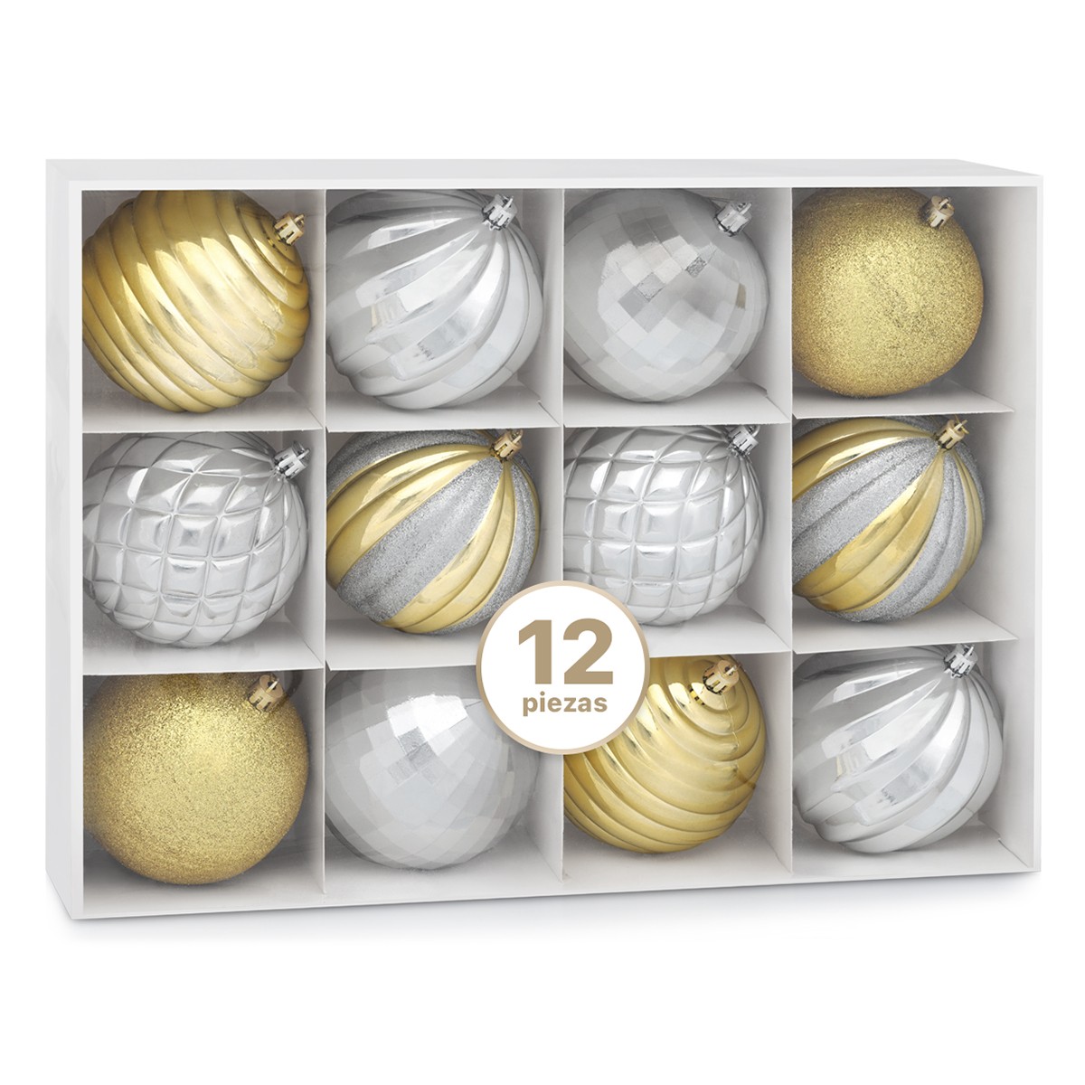 Set con 12 Esferas Decoración Navideña 10cm Adornos para Árbol de Navidad (Plata - Dorado) ESQUIMAL
