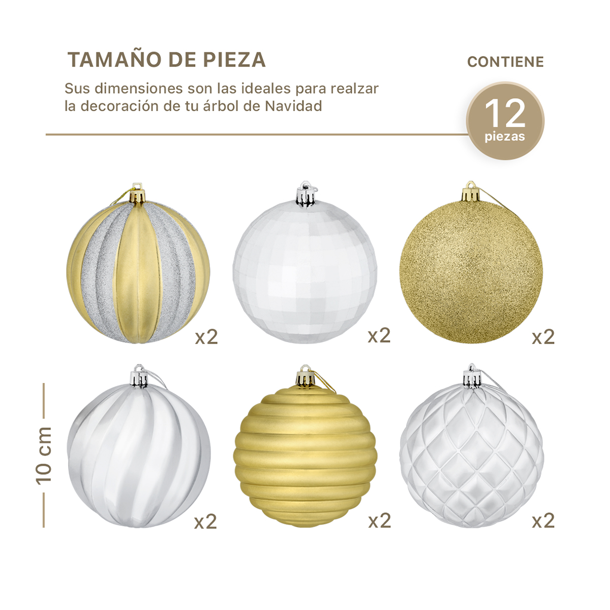 Set con 12 Esferas Decoración Navideña 10cm Adornos para Árbol de Navidad (Plata - Dorado) ESQUIMAL