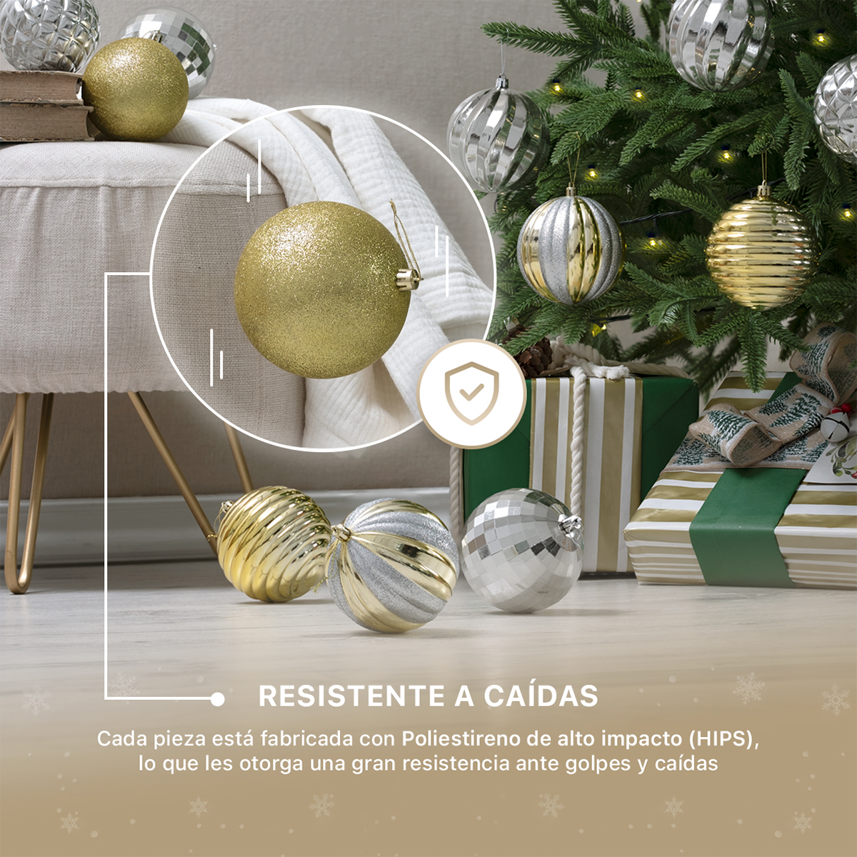 Set con 12 Esferas Decoración Navideña 10cm Adornos para Árbol de Navidad (Plata - Dorado) ESQUIMAL