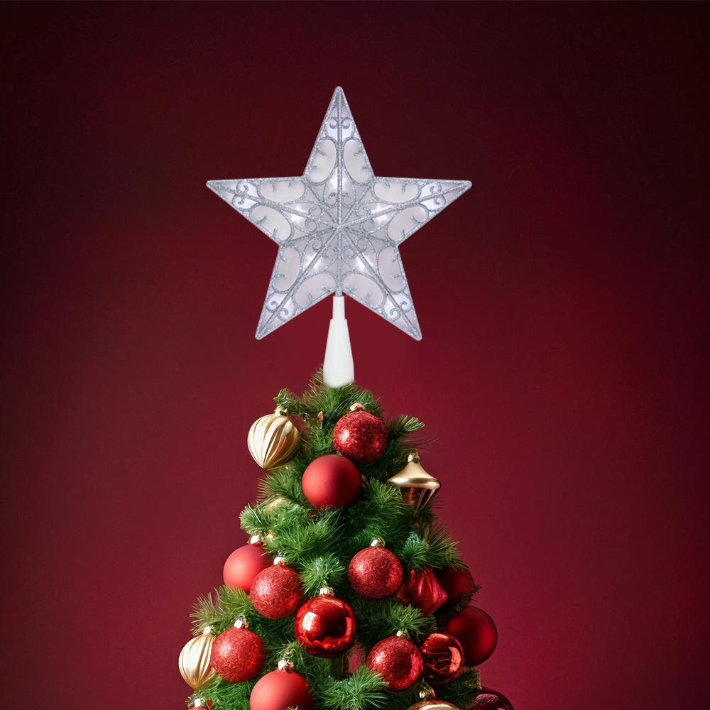 Estrella Plateada Punta Arbol Navideño Luz Led Blanca 23cm