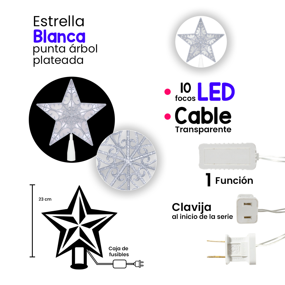 Estrella Plateada Punta Arbol Navideño Luz Led Blanca 23cm