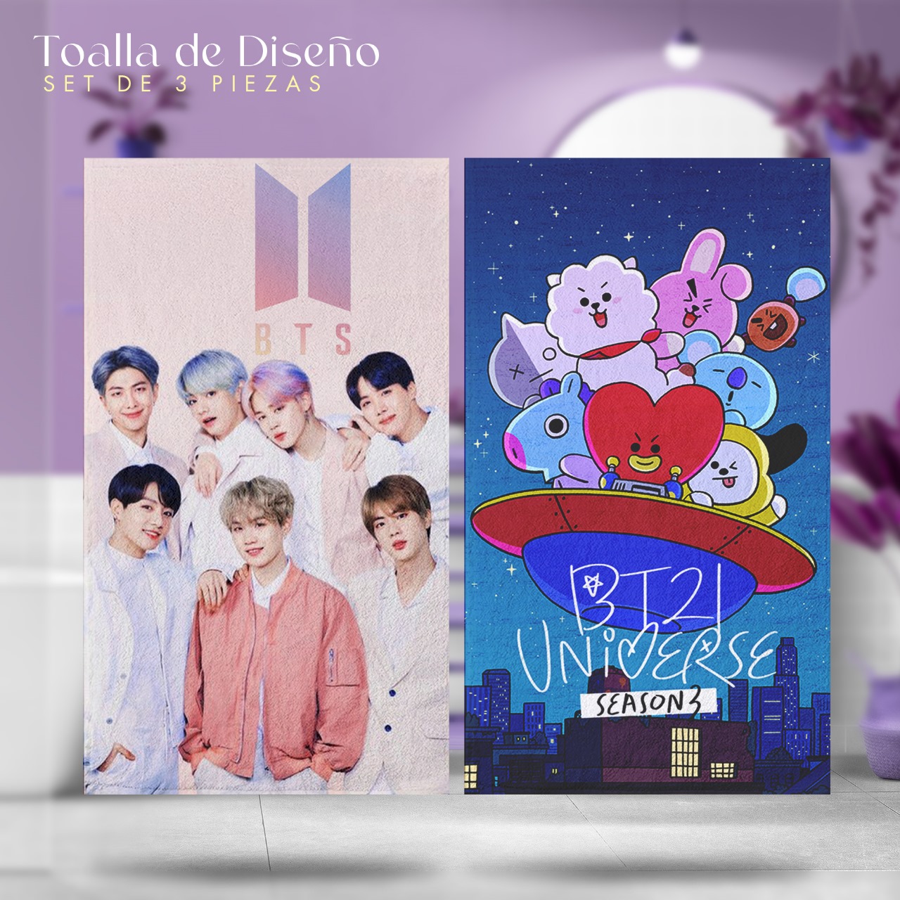 Set 3 Toallas De Baño Bts Army Kpop Microfibra Poliester Diseño.