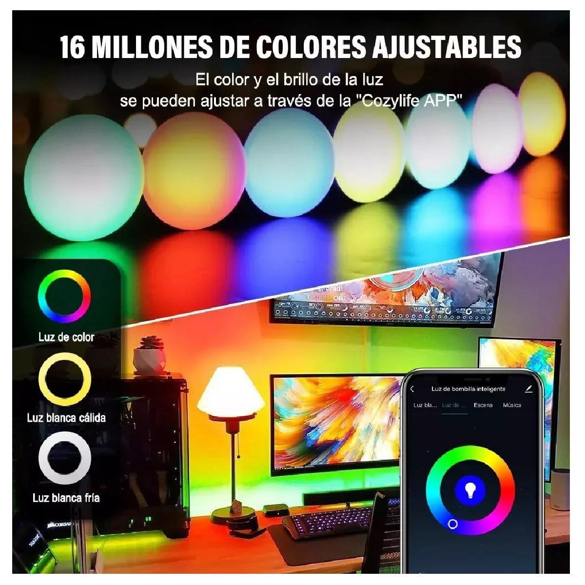 BOMBILLO LED RGB WIFI INTELIGENTE, Millones de colores, Control por voz y  desde APP