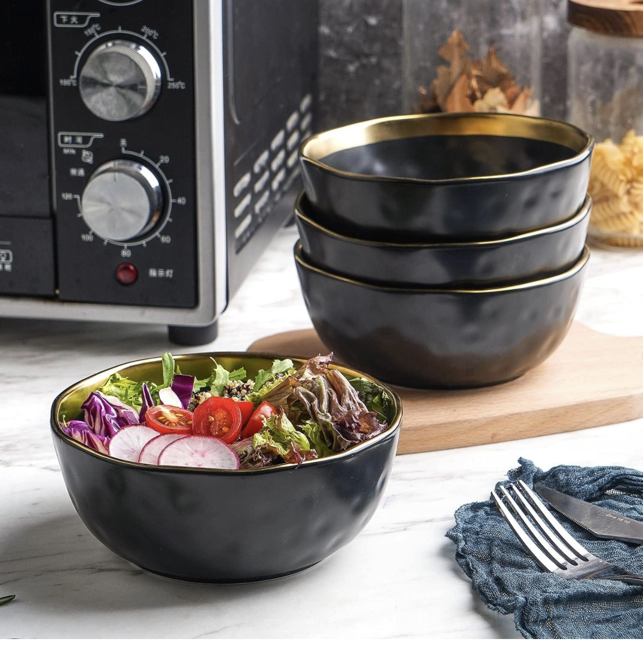 Vajilla Elegante De Porcelana Negra Con Dorado 16 Pz