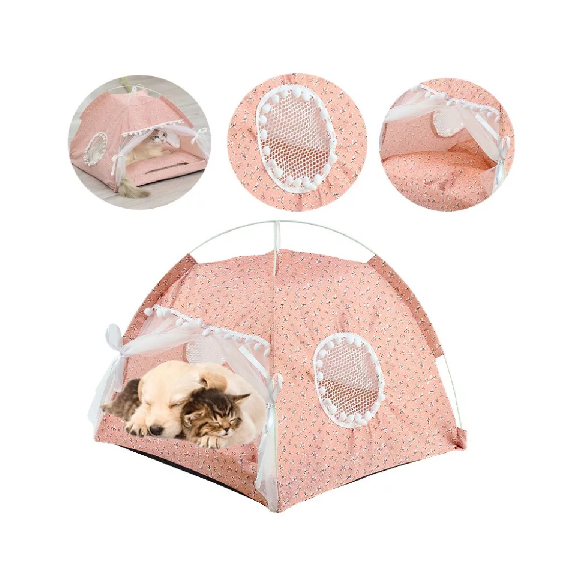 Tienda Con Almohadilla Lavable Y Plegable Para Mascota Rosa