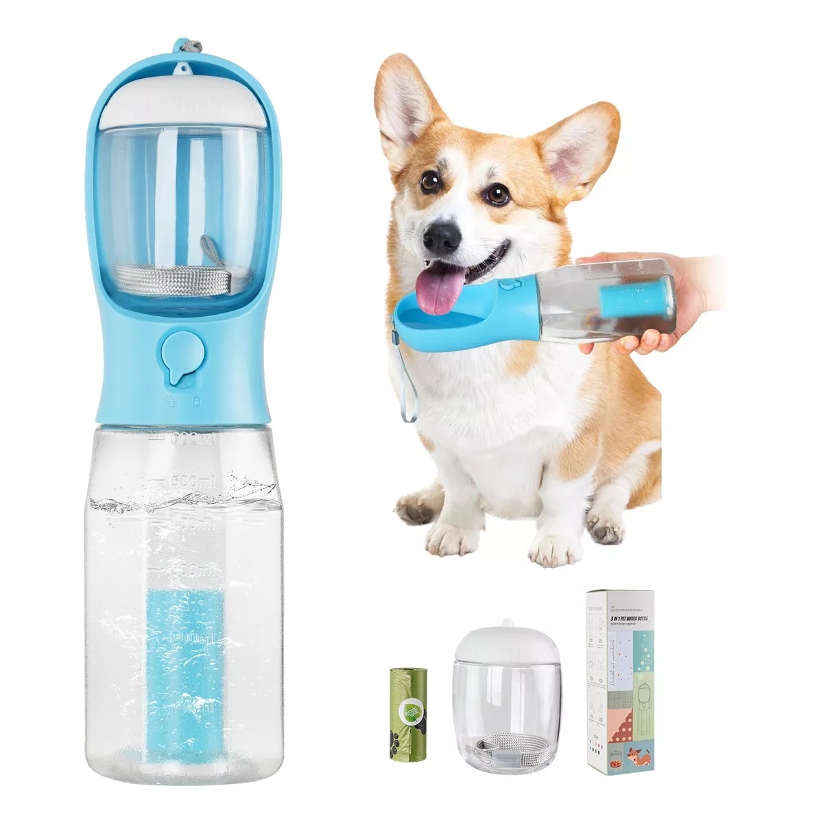 Botella De Agua Portátil Para Perros De 600 Ml, 3 En 1