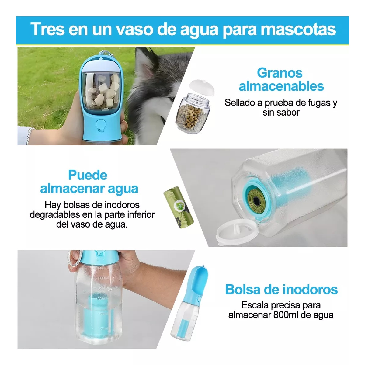 Botella De Agua Portátil Para Perros De 600 Ml, 3 En 1
