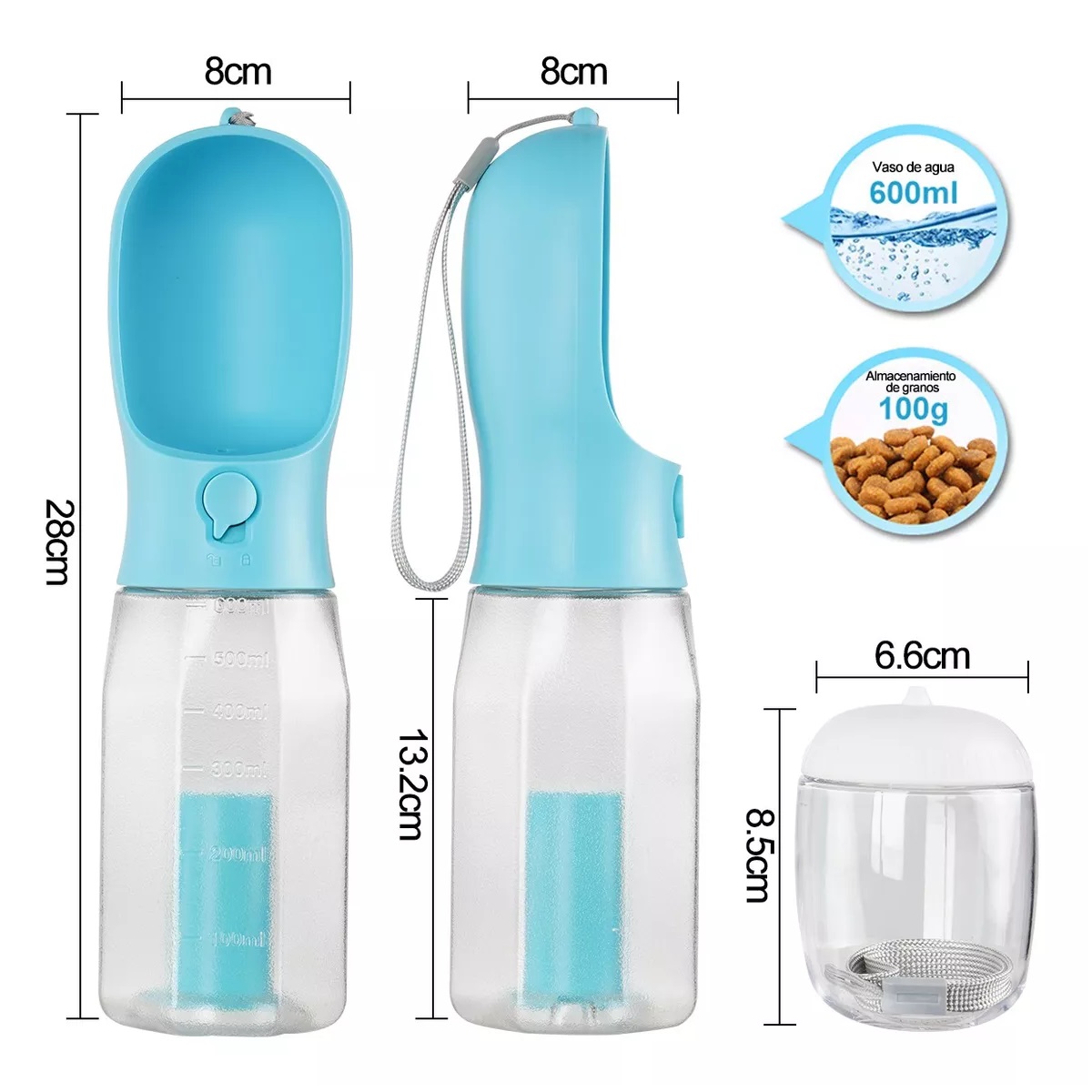 Botella De Agua Portátil Para Perros De 600 Ml, 3 En 1