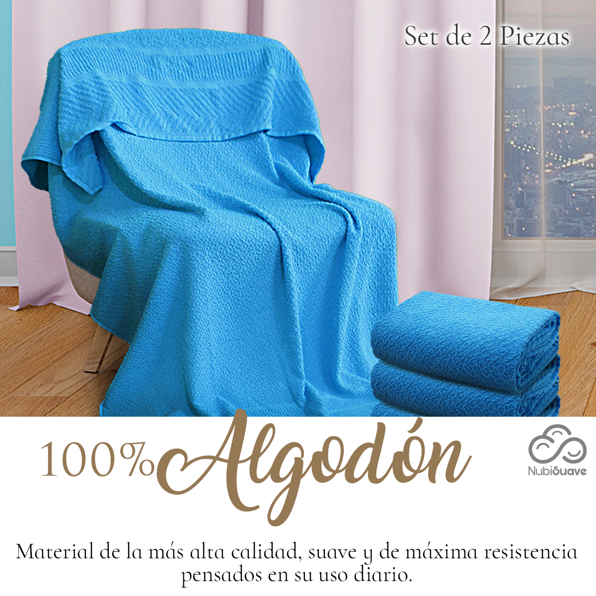 Set 2 Toallas Baño Completo 100% Algodón Grand Grano De Oro Azul cielo