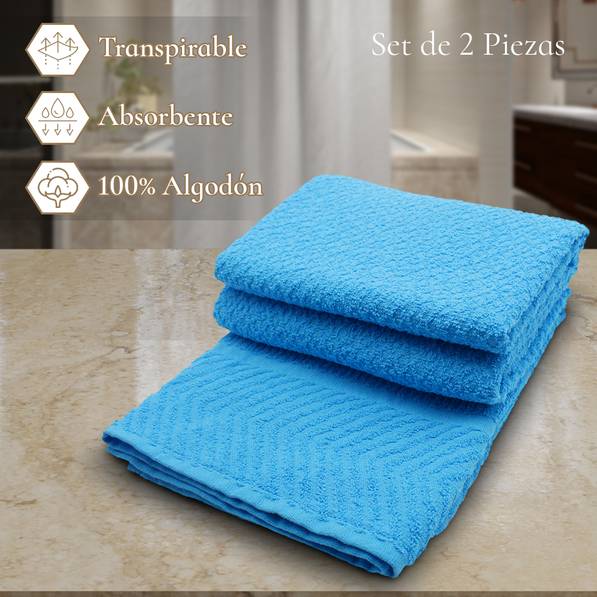 Set 2 Toallas Baño Completo 100% Algodón Grand Grano De Oro Azul cielo