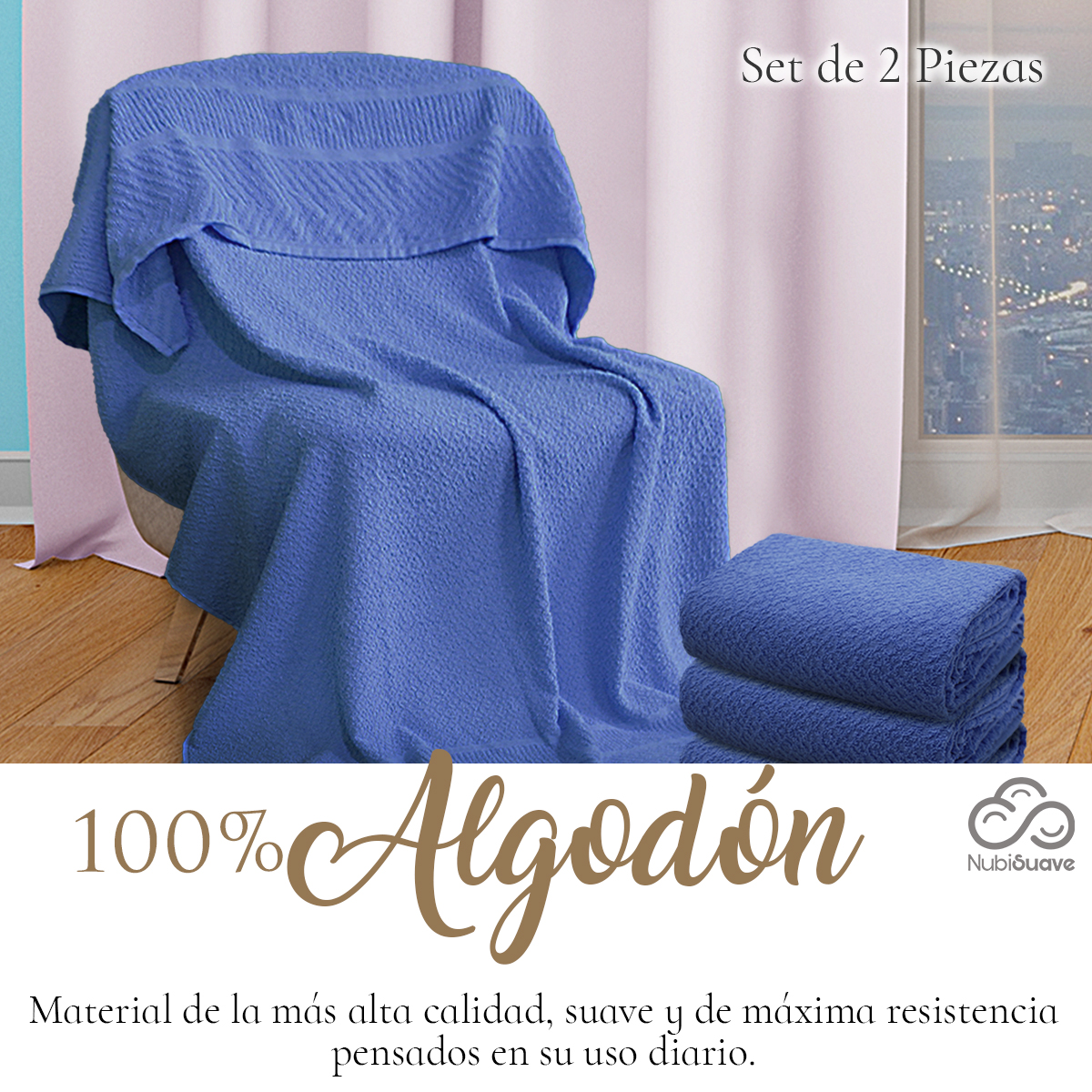 Set 2 Toallas Baño Completo 100% Algodón Grand Grano De Oro Azul acero