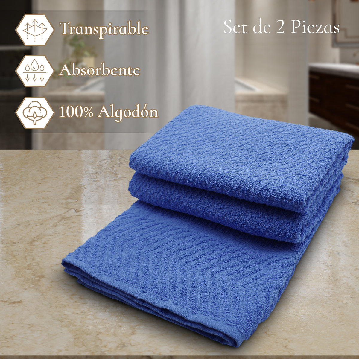 Set 2 Toallas Baño Completo 100% Algodón Grand Grano De Oro Azul acero