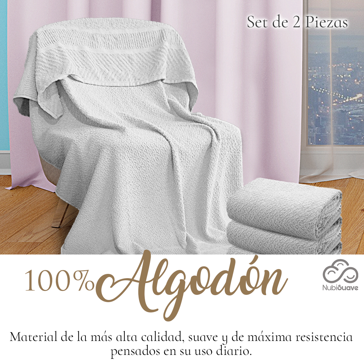 Set 2 Toallas Baño Completo 100% Algodón Grand Grano De Oro Blanco