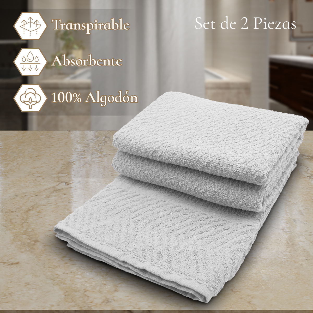 Set 2 Toallas Baño Completo 100% Algodón Grand Grano De Oro Blanco