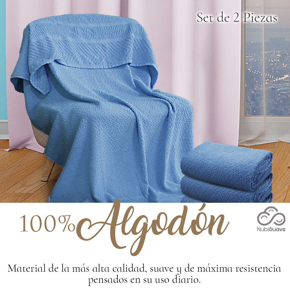 Set 2 Toallas Baño Completo 100% Algodón Grand Grano De Oro Celeste