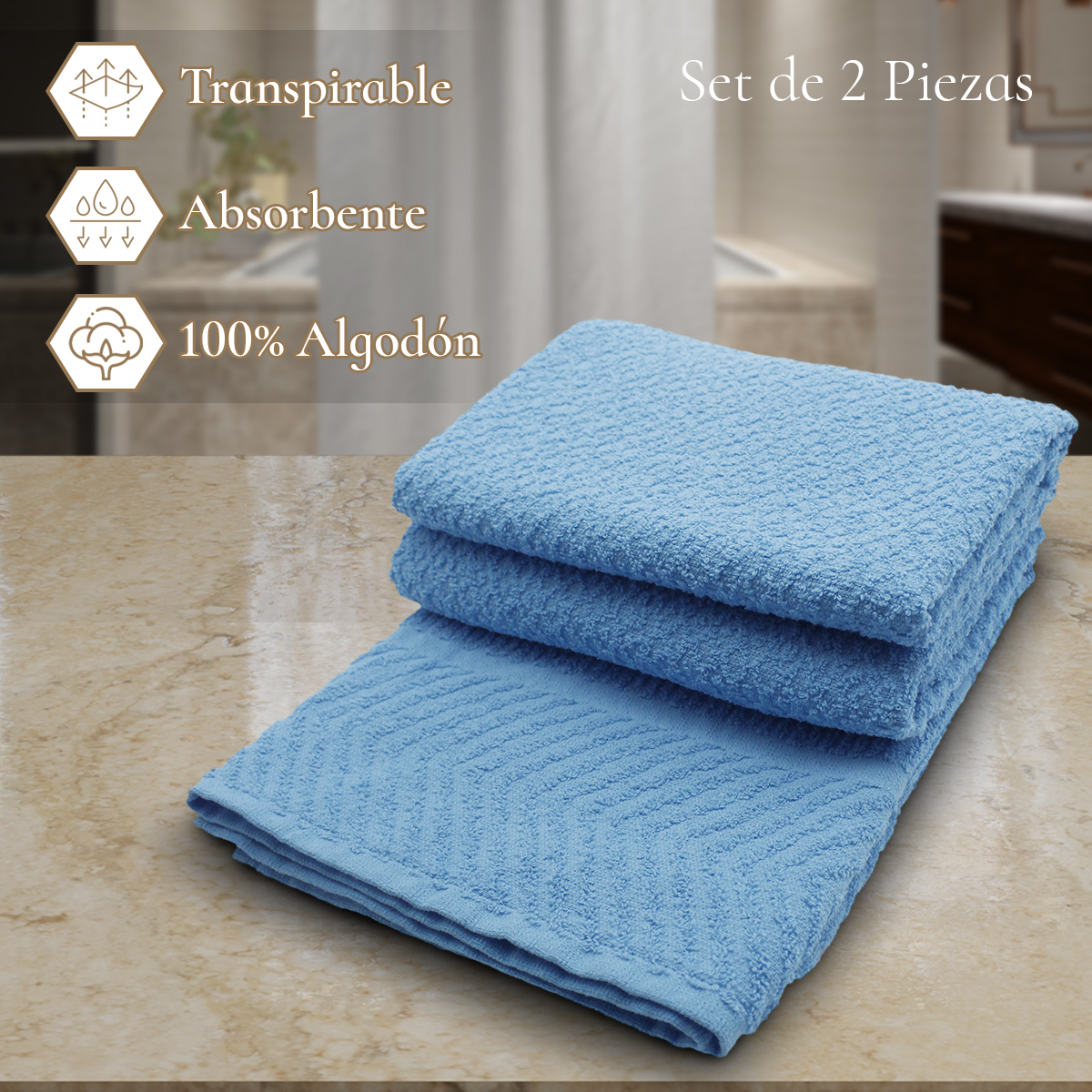 Set 2 Toallas Baño Completo 100% Algodón Grand Grano De Oro Celeste