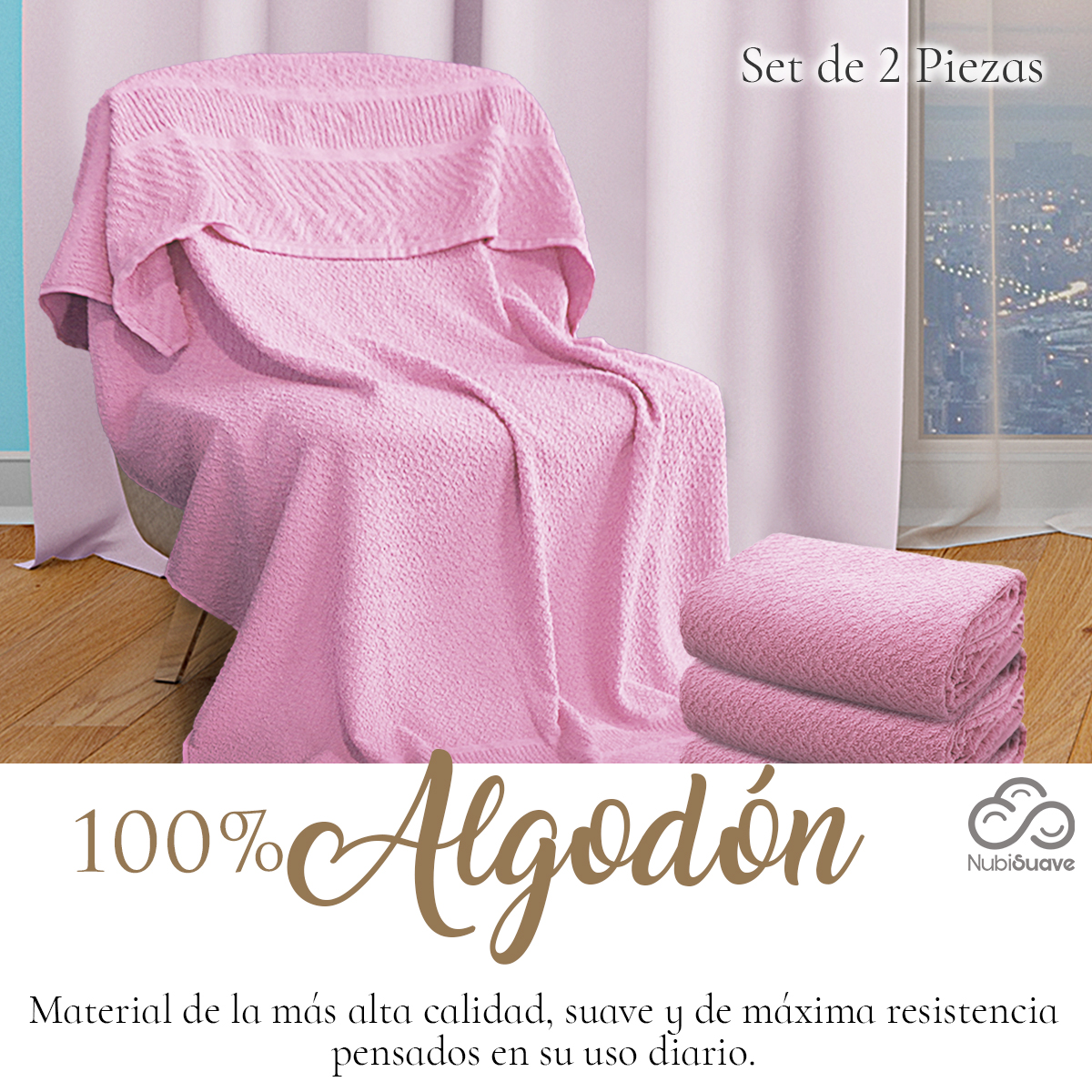 Set 2 Toallas Baño Completo 100% Algodón Grand Grano De Oro Rosa