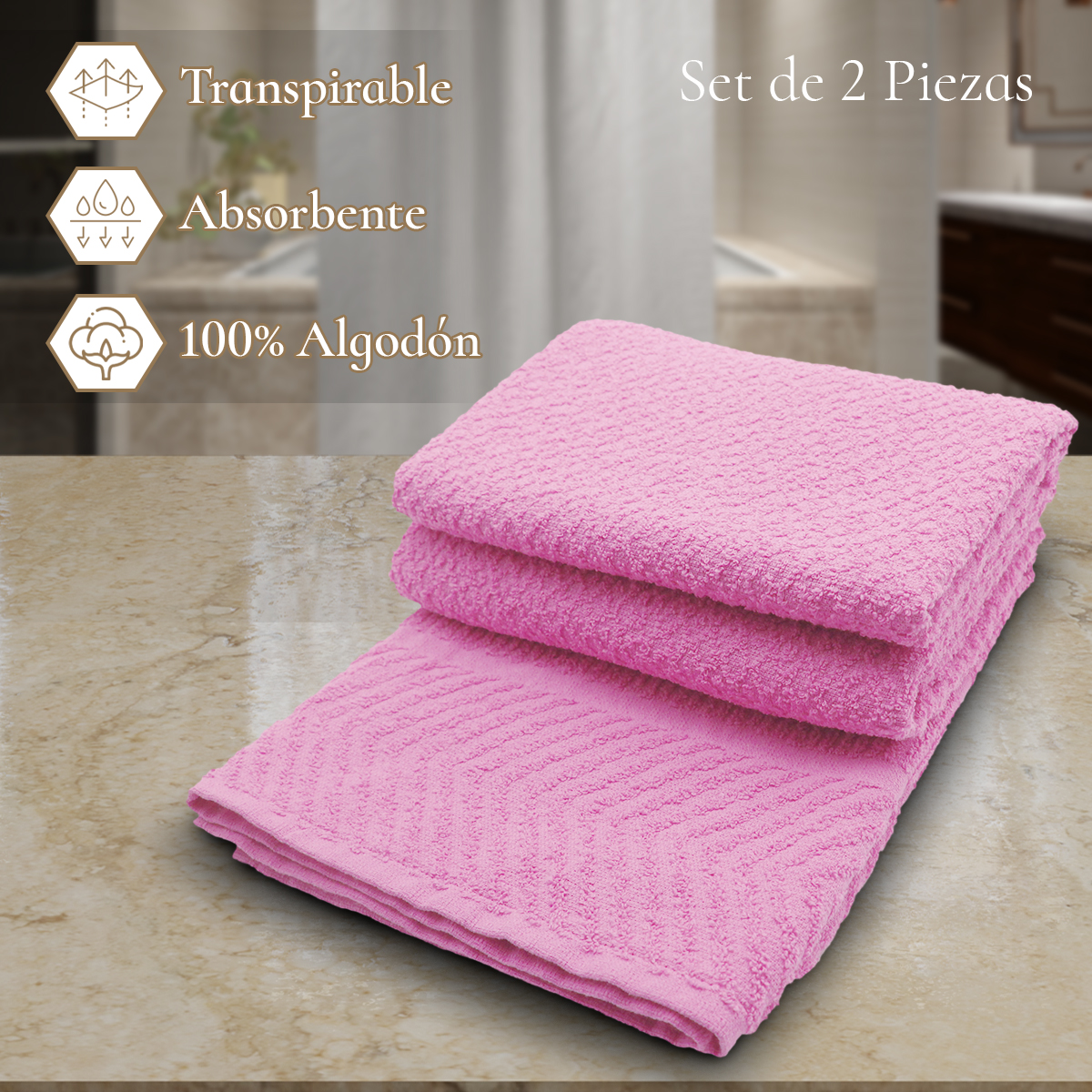 Set 2 Toallas Baño Completo 100% Algodón Grand Grano De Oro Rosa