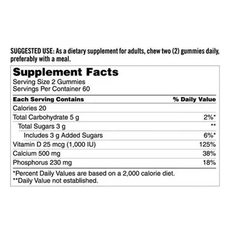 Calcio 500mg + Vitamina D3 25mcg Kirkland Signature 120 Gomitas de Sabores. 