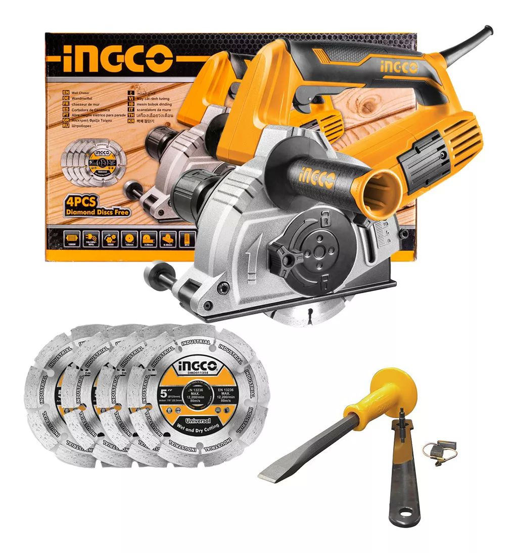 Ranuradora de Concreto 1500w Ingco con 4 discos de 5 pulgadas  y cincel con grip