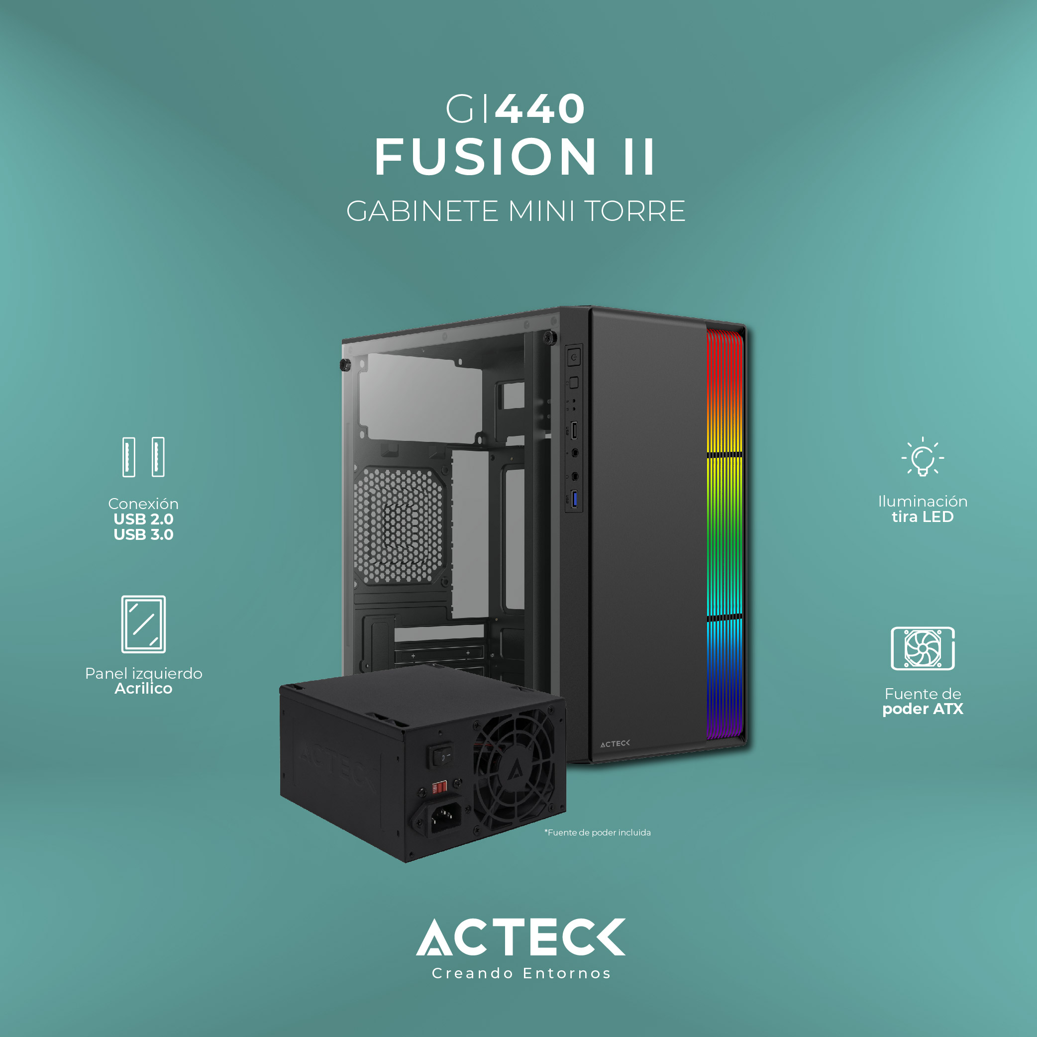 Gabinete Mini Torre Micro Atx 500w USB 3.0 RGB Fusion LI GI440 Acteck Negro