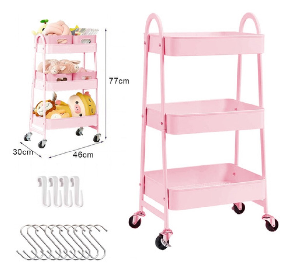 Carrito Organizador Multiusos 3 Niveles Acero Titanio Rosa