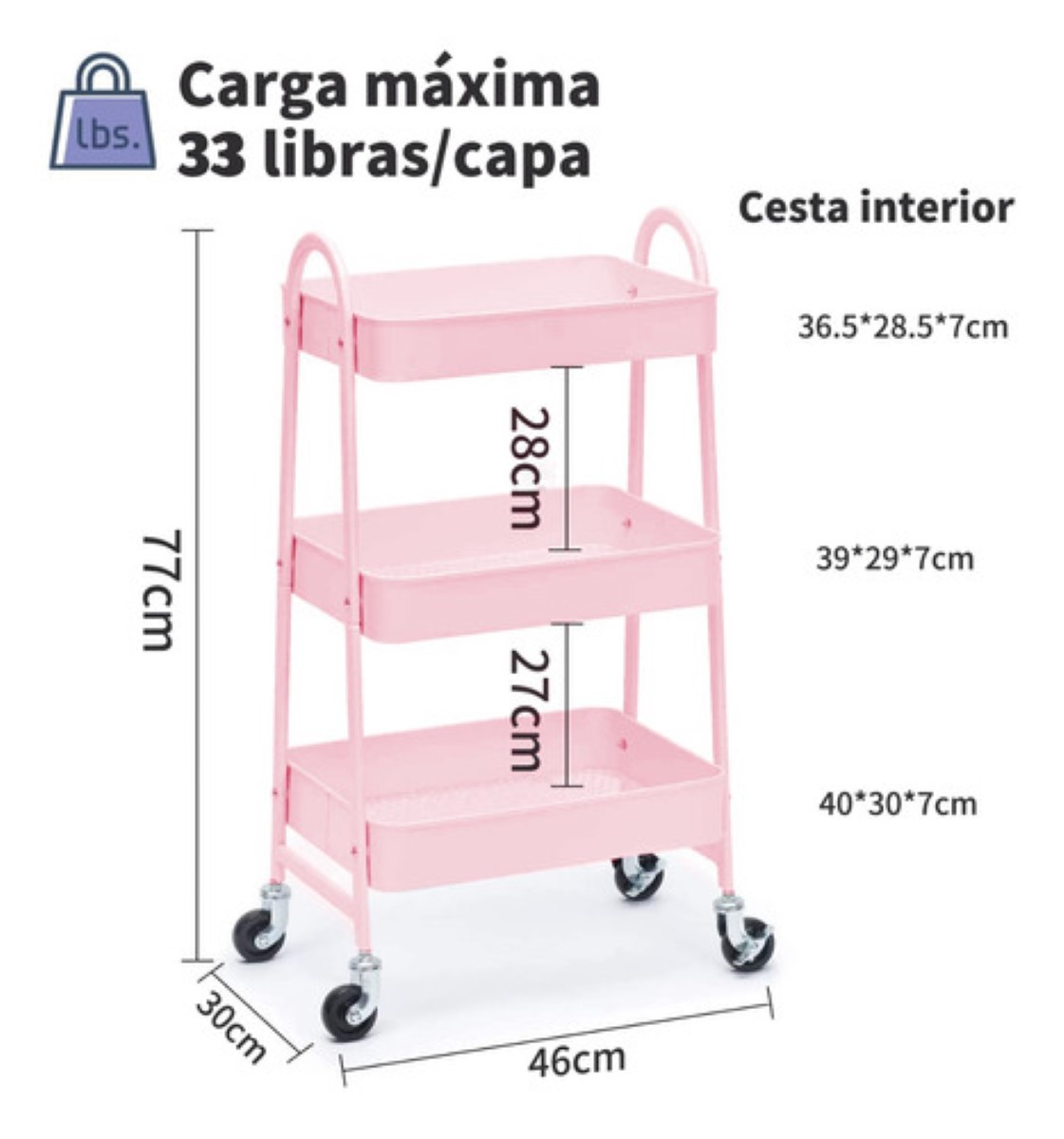 Carrito Organizador Multiusos 3 Niveles Acero Titanio Rosa