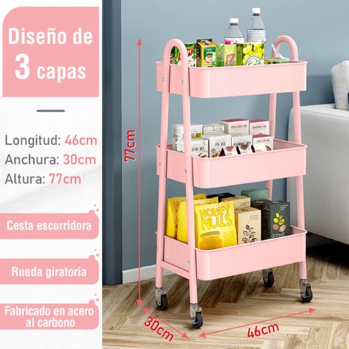 Carrito Organizador Multiusos 3 Niveles Acero Titanio Rosa