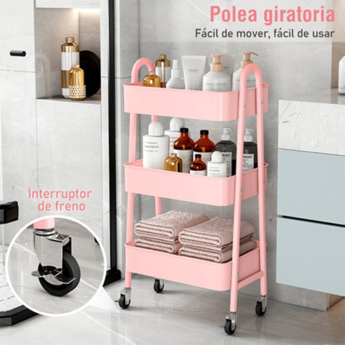 Carrito Organizador Multiusos 3 Niveles Acero Titanio Rosa