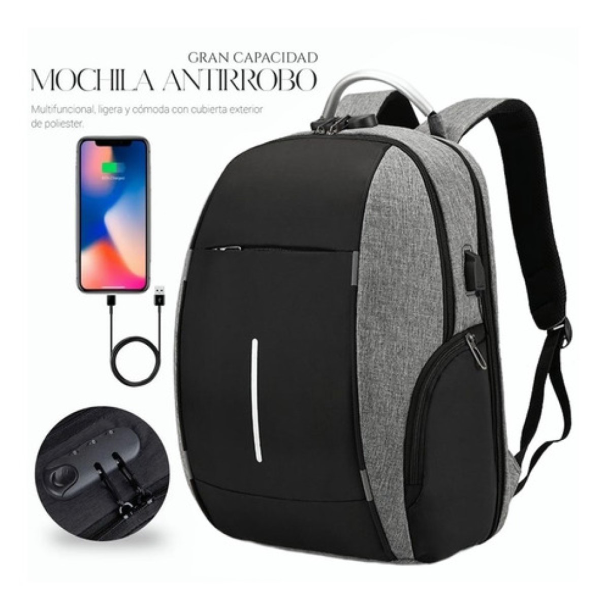 Mochila Impermeable Antirrobo Negra Gris
