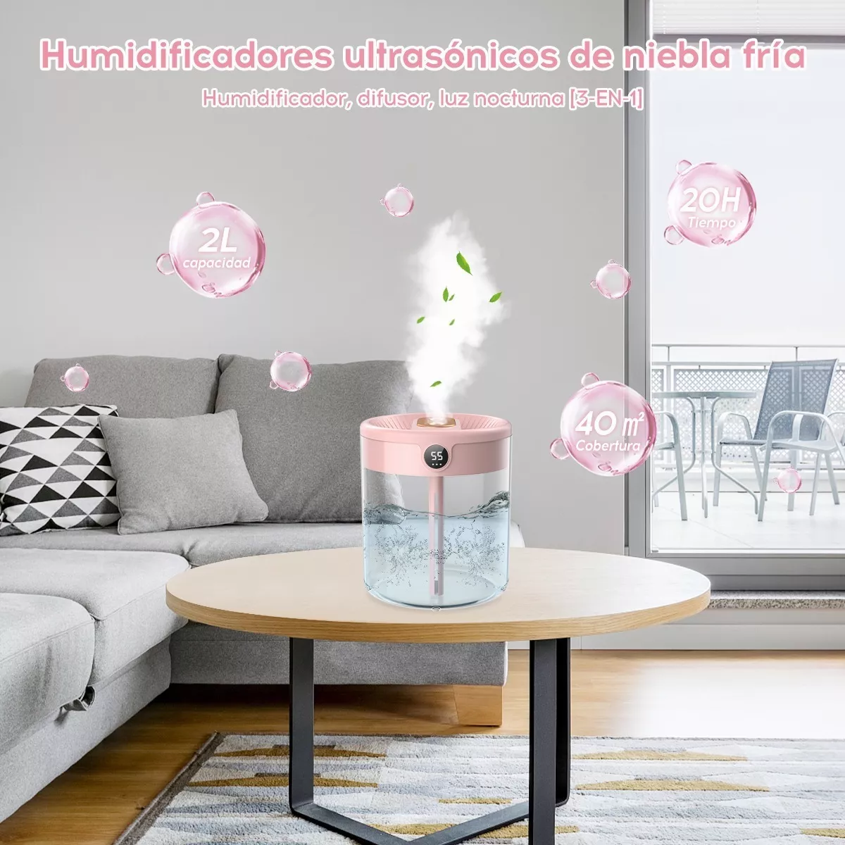 Difusor Humidificador Aromaterapia Ultrasónico 2l Con Luz Rosa