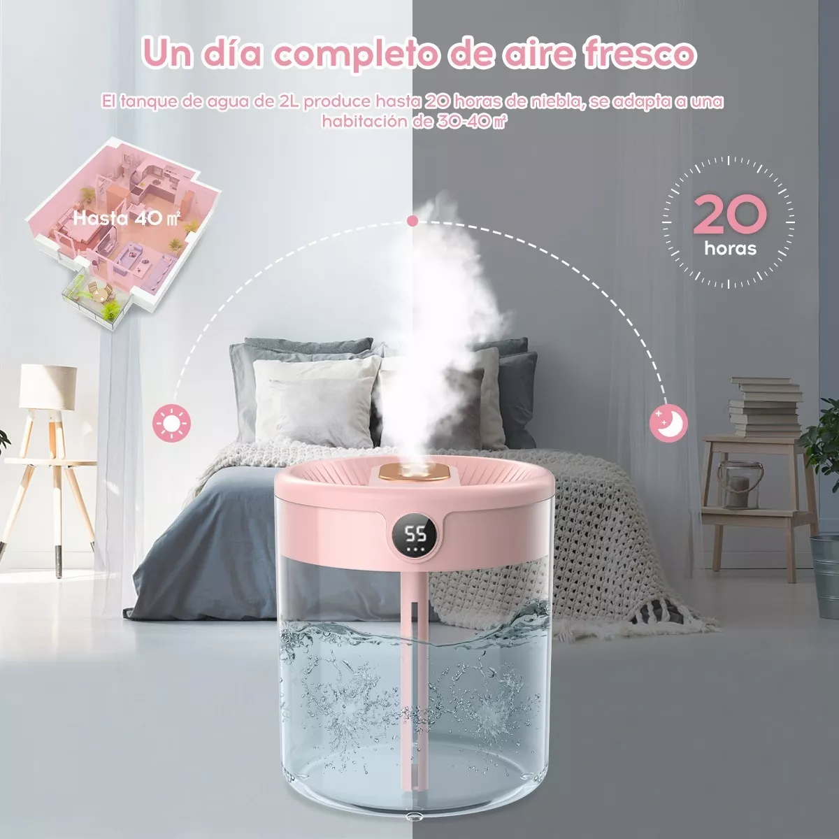 Difusor Humidificador Aromaterapia Ultrasónico 2l Con Luz Rosa