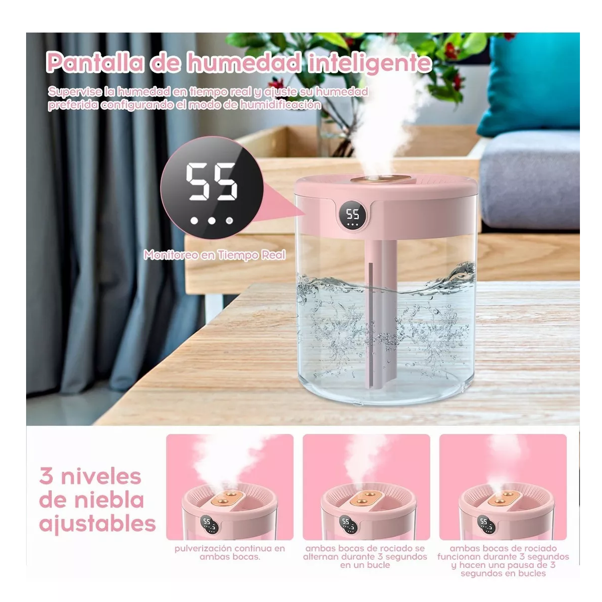 Difusor Humidificador Aromaterapia Ultrasónico 2l Con Luz Rosa