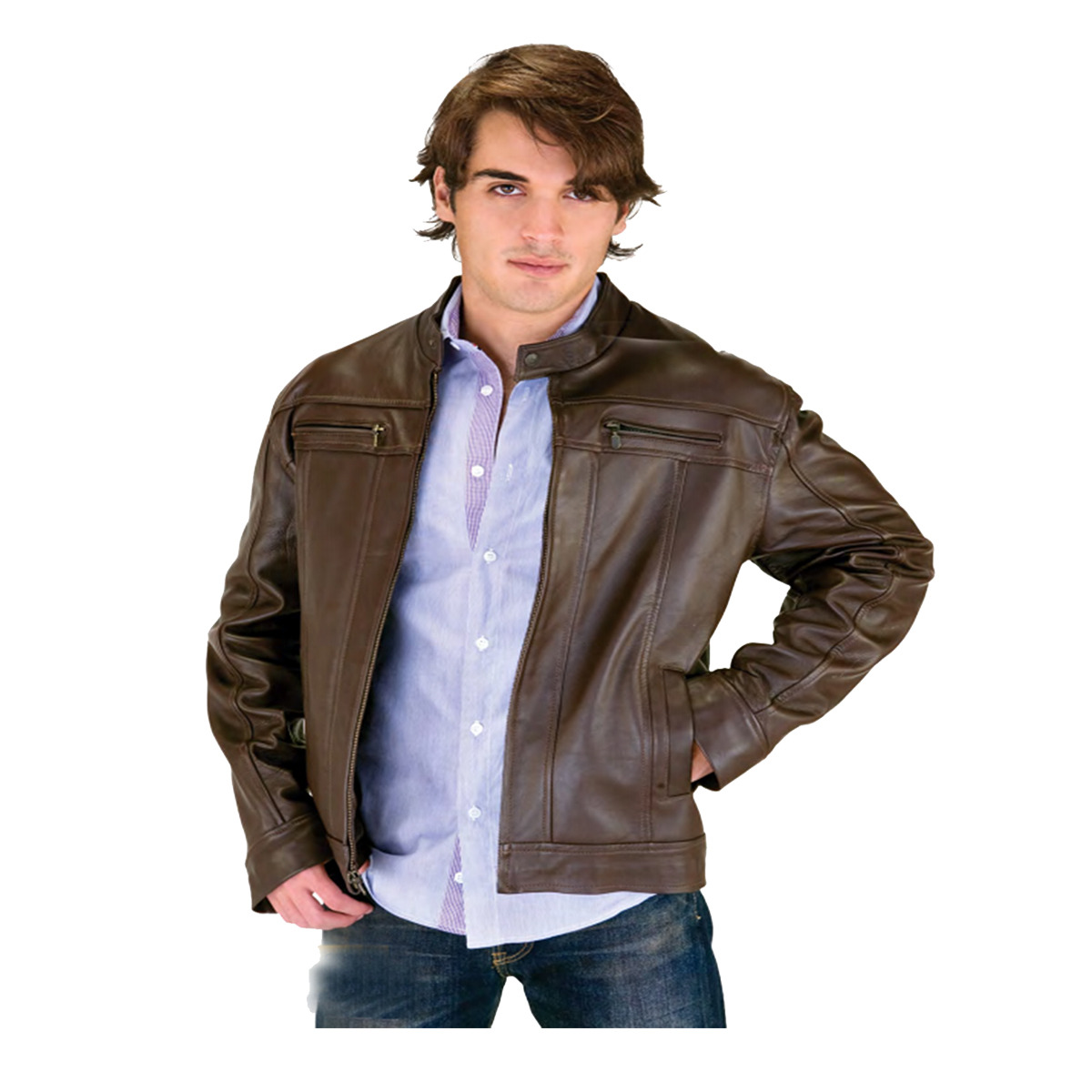 Chamarra de cuero Autentico casual Yago Café para Caballero incluye regalo un llavero de piel 