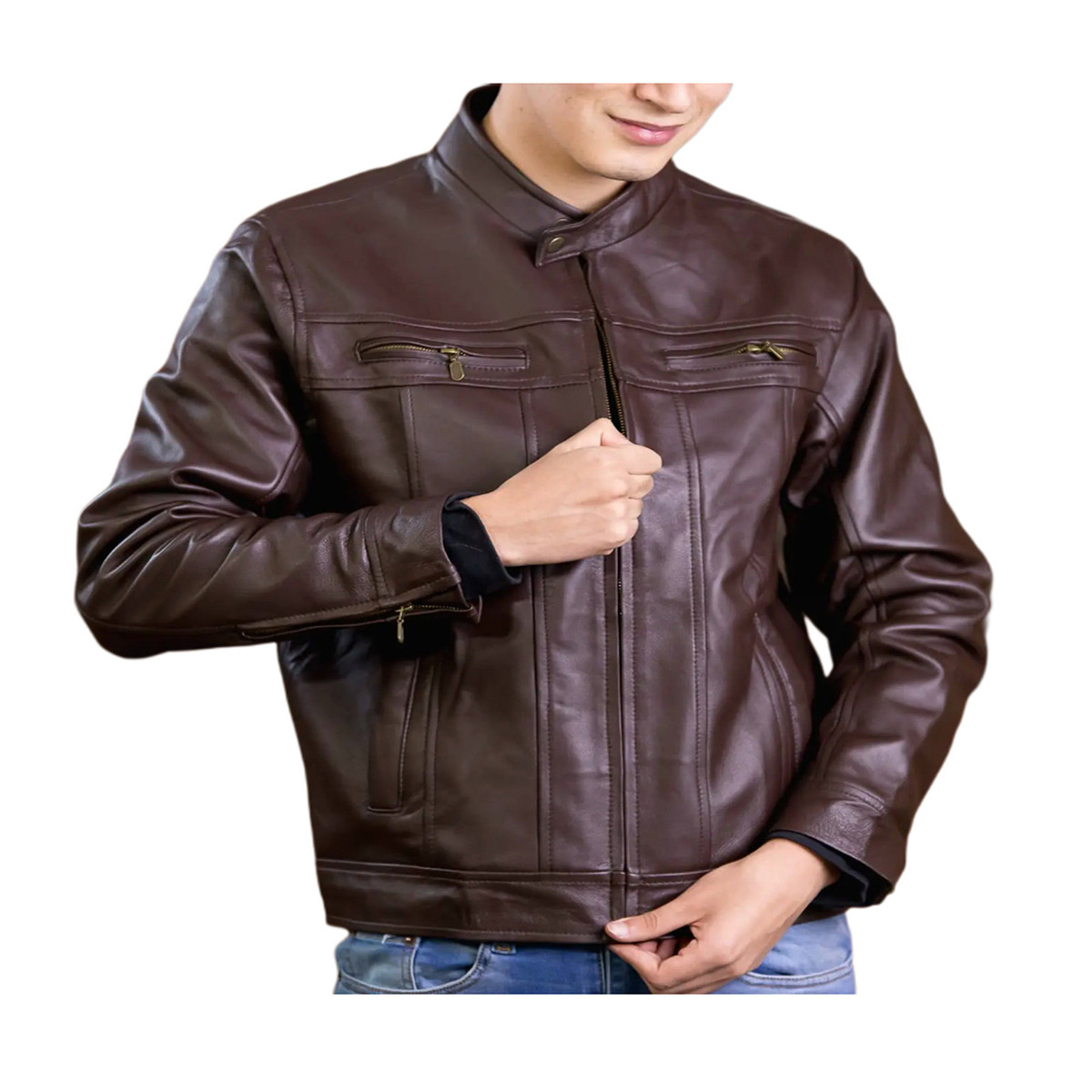 Chamarra de cuero Autentico casual Yago Café para Caballero incluye regalo un llavero de piel 