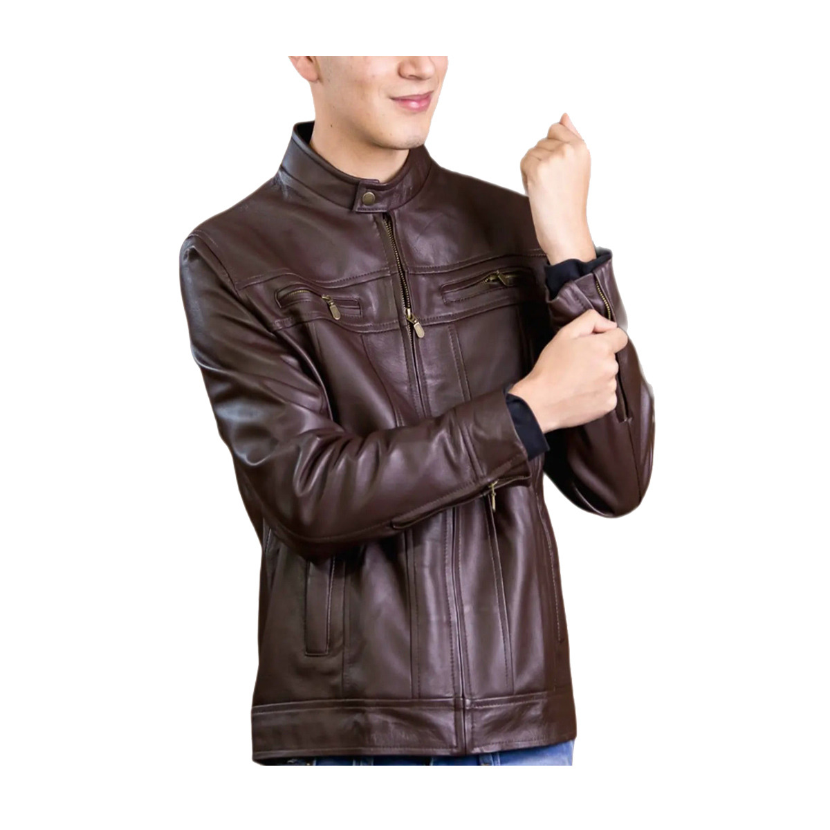 Chamarra de cuero Autentico casual Yago Café para Caballero incluye regalo un llavero de piel 