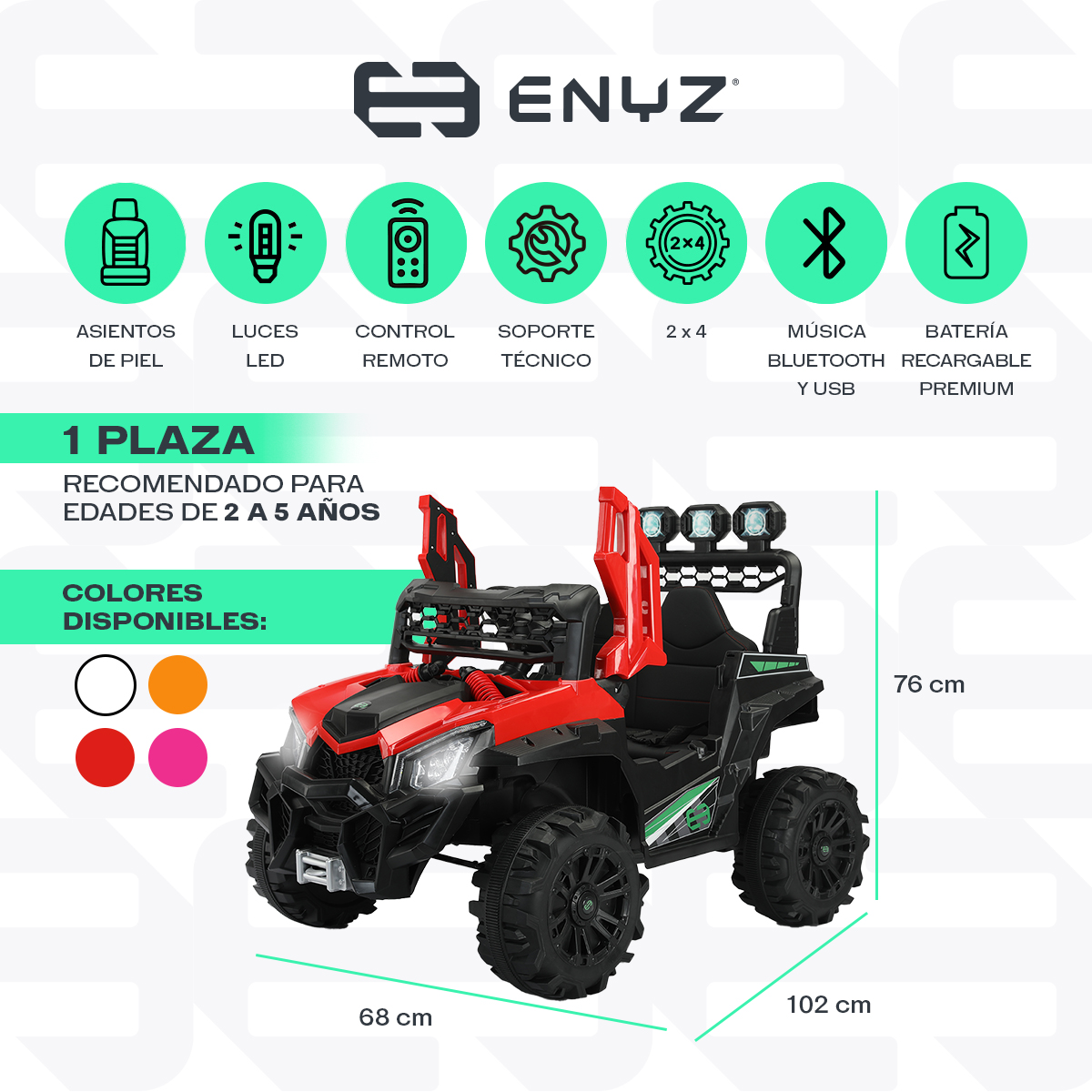 Montable eléctrico Camioneta Razer Jeep con control remoto asientos de piel bluetooth bocinas Edades Infantil 2 a 5 años Enyz Rojo.