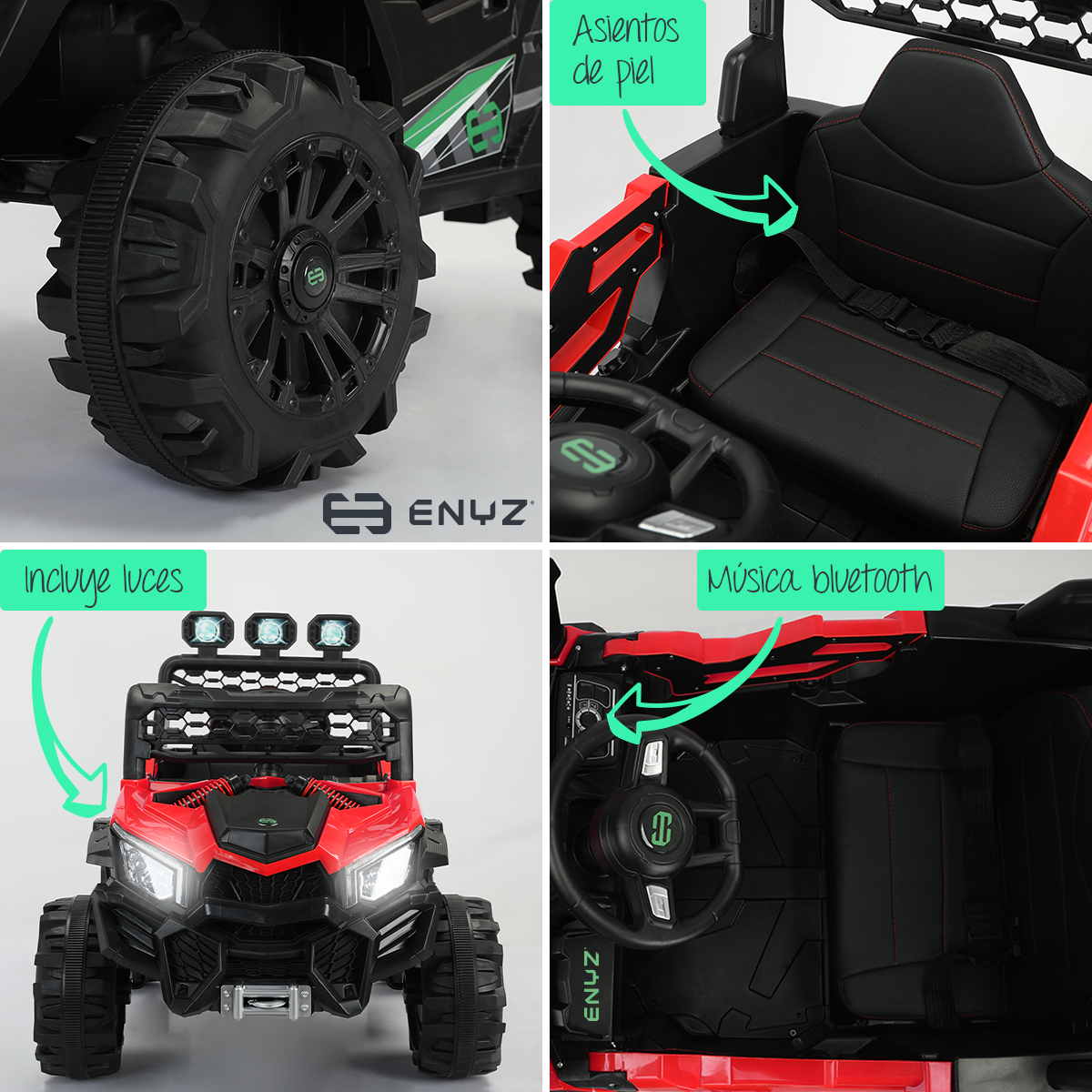 Montable eléctrico Camioneta Razer Jeep con control remoto asientos de piel bluetooth bocinas Edades Infantil 2 a 5 años Enyz Rojo.