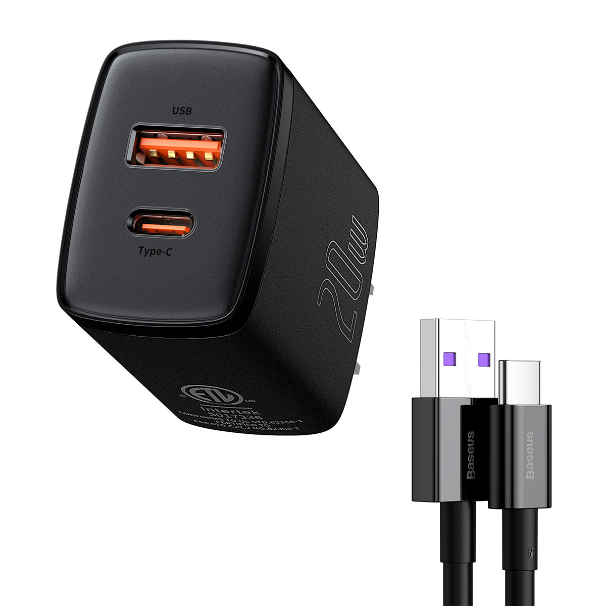 Combo Cargador Baseus 20W USB C + USB con Cable USB a Tipo C de 1m