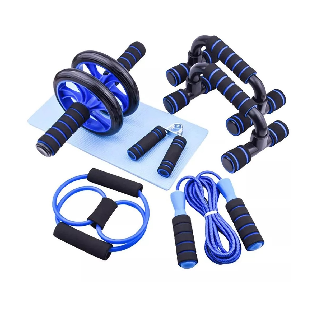 Kit Rodillo Abdominal Barras Push-up Cuerda Ejercitador Mano Azul