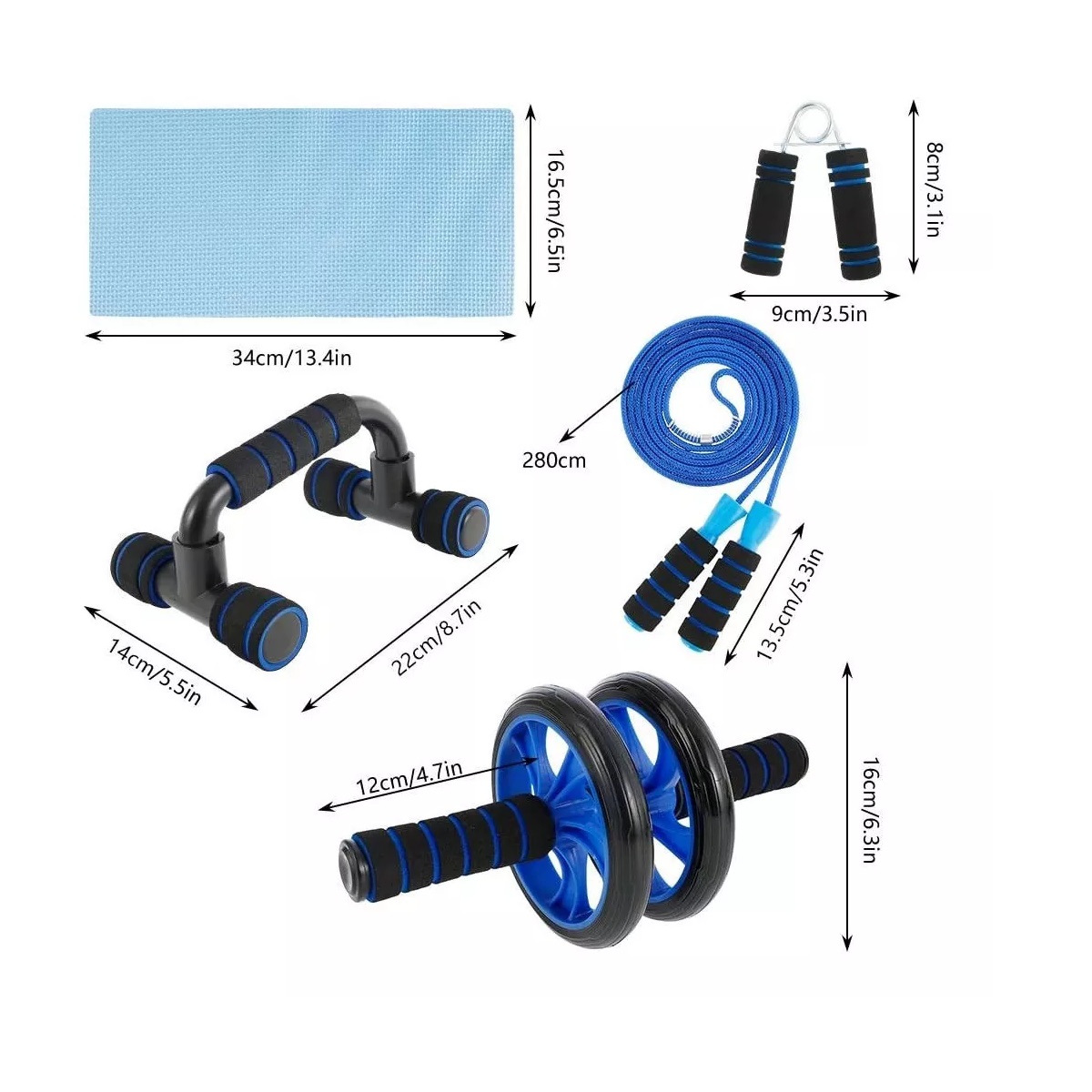 Kit Rodillo Abdominal Barras Push-up Cuerda Ejercitador Mano Azul