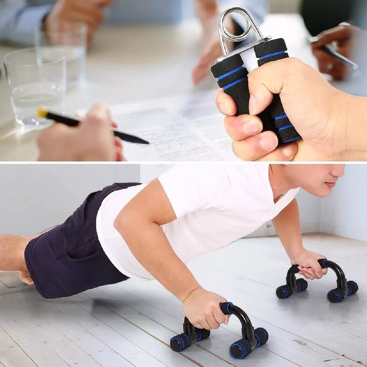 Kit Rodillo Abdominal Barras Push-up Cuerda Ejercitador Mano Azul