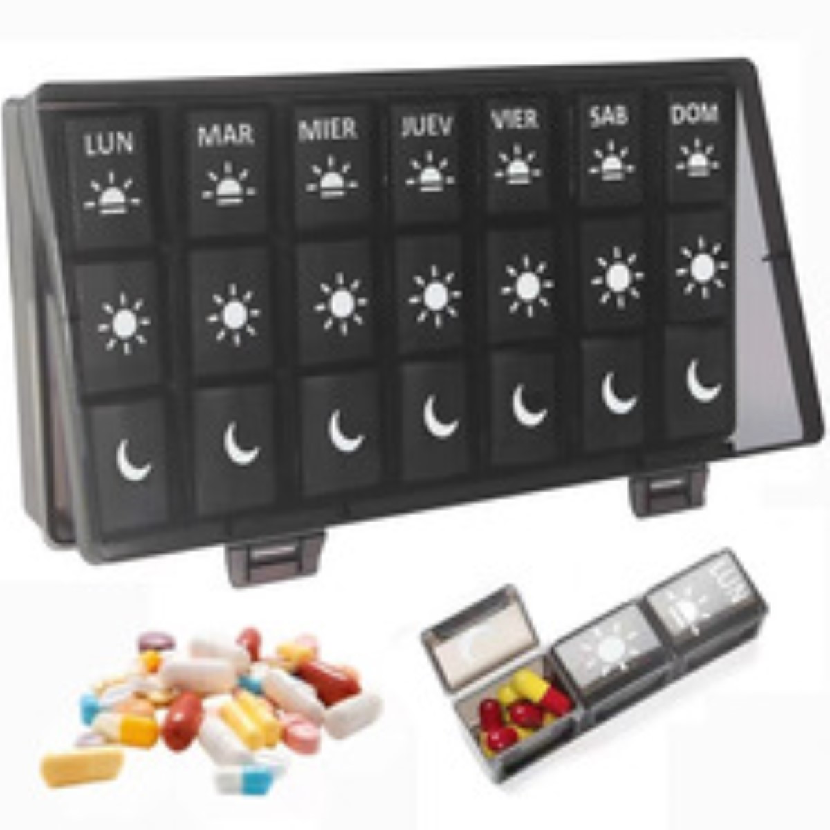 Pastillero Semanal Organizador 3 Tomas Portátil Negro